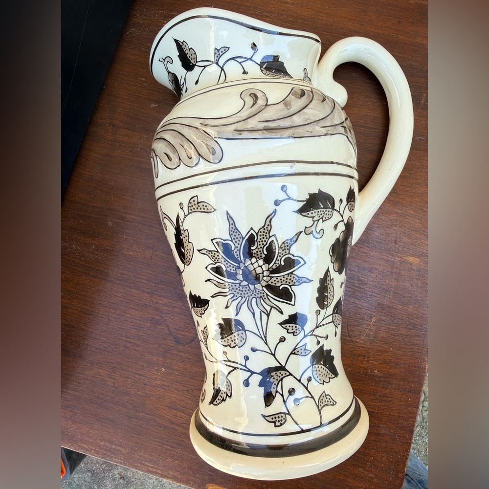 Cream Ceramic Pitcher wall pocket  with Blue and Black Floral Design